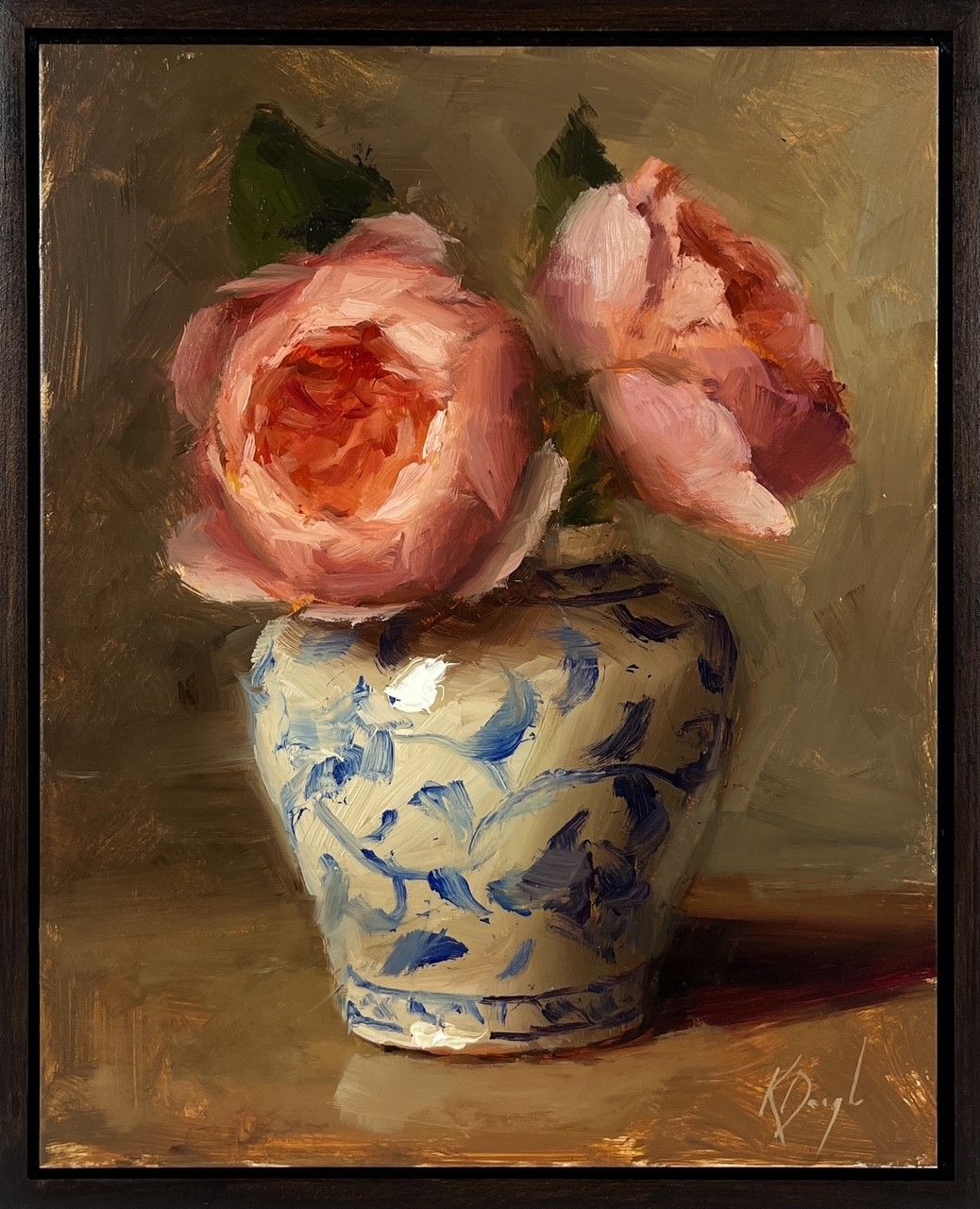 "David Austin Roses in Blue Vase" 8x10" Framed 9x11" - Oil Painting