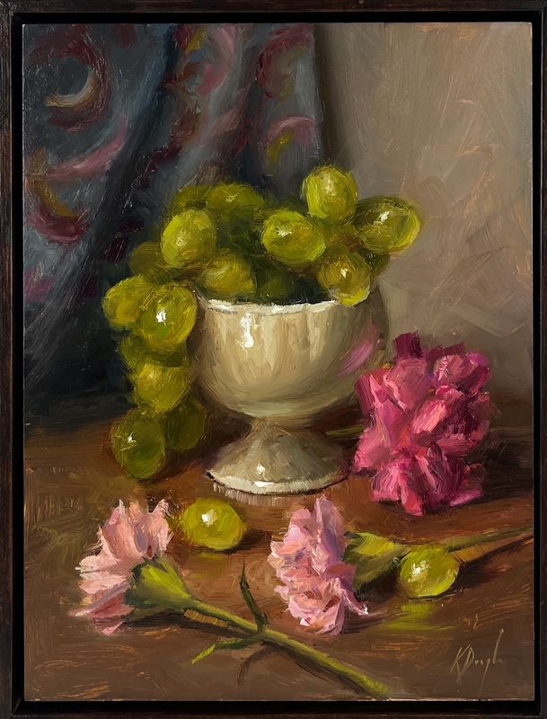 "Grapes in Dish with Carnation" 9x12" Framed 10x13" - Oil Painting
