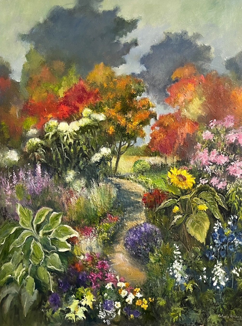 Octavio Ribeiro Artist Painter Handworks Gallery Saint John New Brunswick NB Oil Painting Garden Path Flowers Floral Hostas