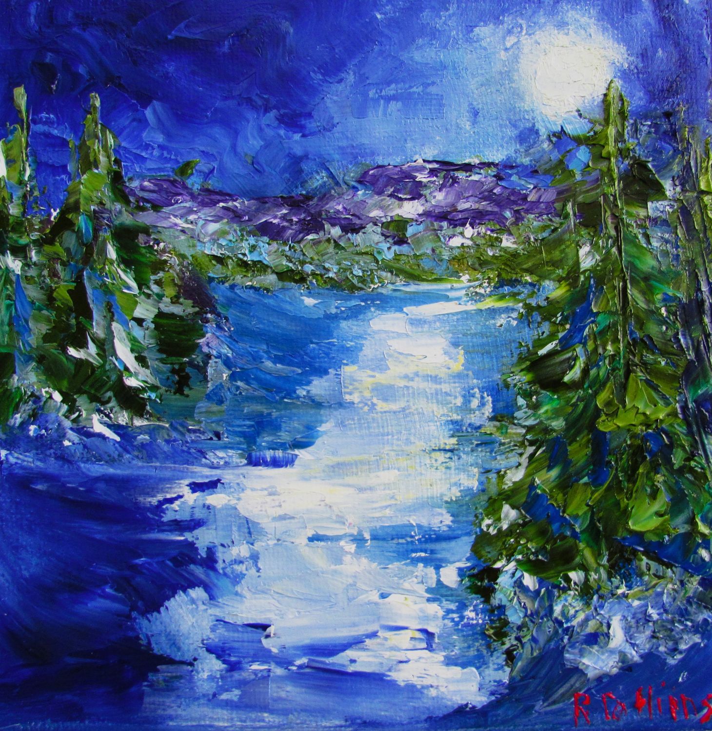 Rene Collins Artist Painter Handworks Gallery Saint John New Brunswick NB Oil Knife Painting Winter Snow Trees Night Moon