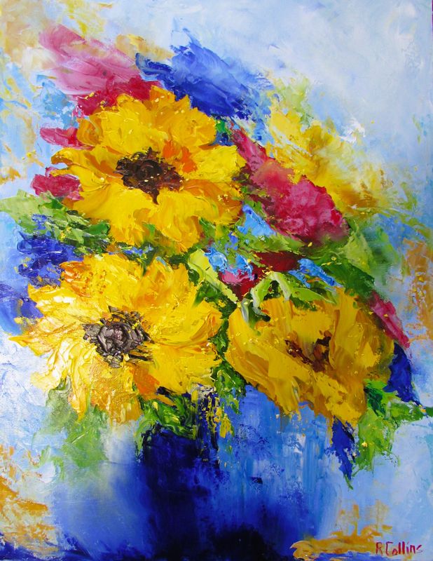 Rene Collins Artist Painter Handworks Gallery Saint John New Brunswick NB Oil Knife Painting Flowers Floral Yellow Sunflowers