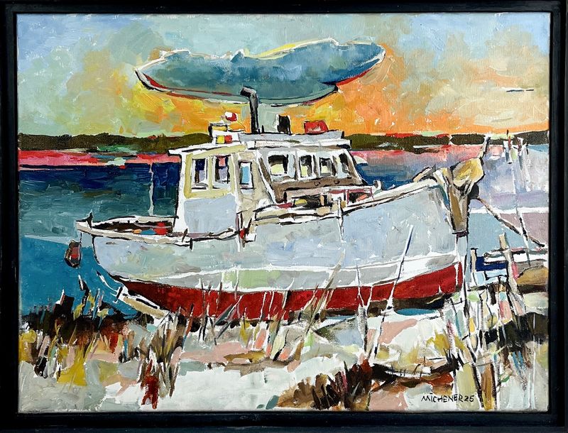 Ted Michener Artist Painter Handworks Gallery Saint John New Brunswick Oil Painting Seascape Ocean Fishing Boat Shore Moored