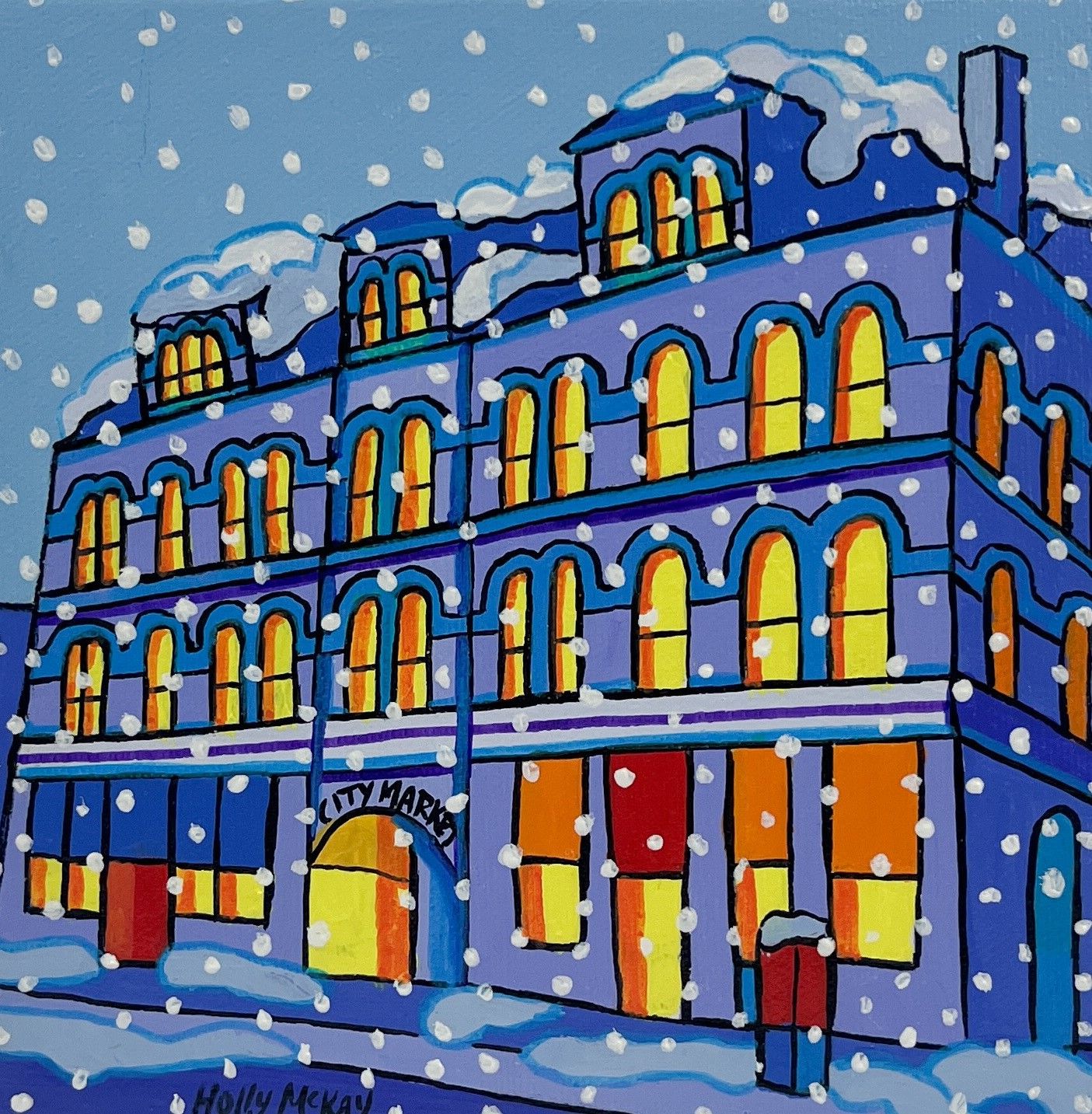 "City Market Evening Winter Snow" 6x6" Acrylic Painting on Canvas