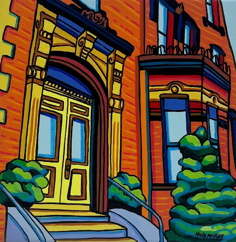 "Yellow Door on Orange Street" 6x6" Acrylic Painting on Canvas