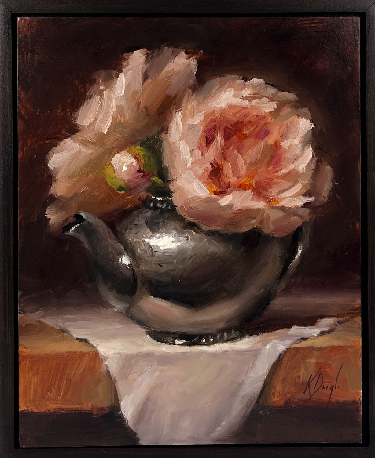 "Peonies in Silver Teapot" Oil 8x10" Framed 9x11"