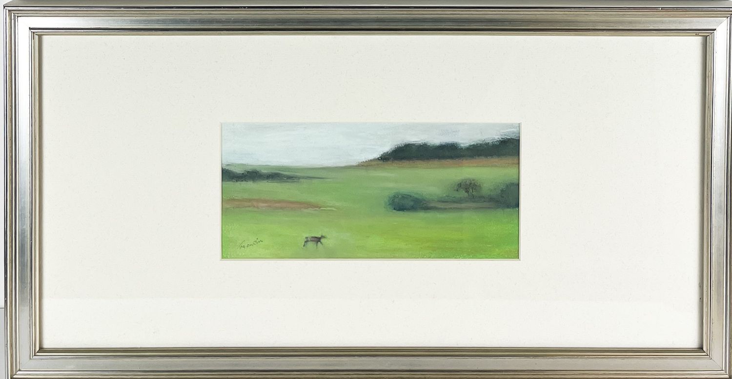 "Deer in Flight/Early Sunrise" 4.5x9.5" Oil Pastel Framed 12.25x23.5"