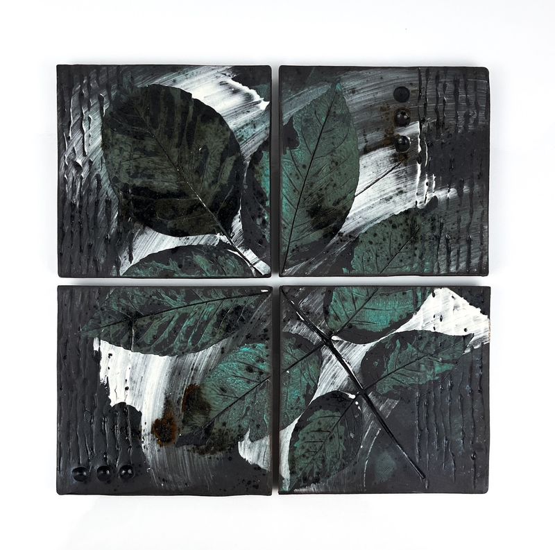 4-Piece Set of Tiles with Texture + Leaf Imprint, Rustic Finish