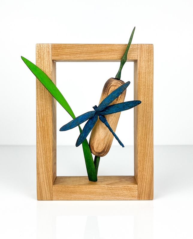 Blue Dragonfly on Cattail Wooden Sculpture Framed 5.5x7.25"