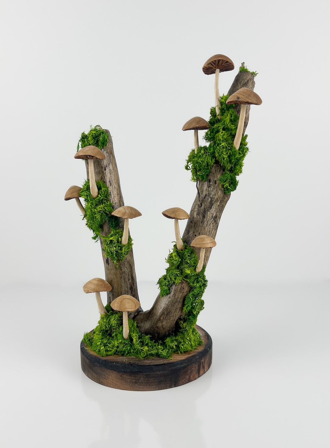 Mushroom Tree Sculpture Padauk Wood with Wood Moss 11x8x4"
