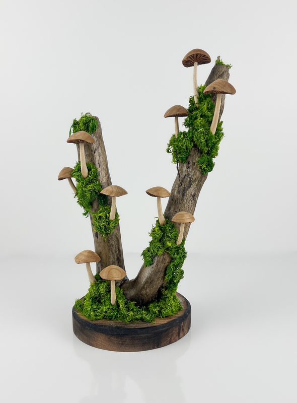 Mushroom Tree Sculpture Padauk Wood with Wood Moss 11x8x4"