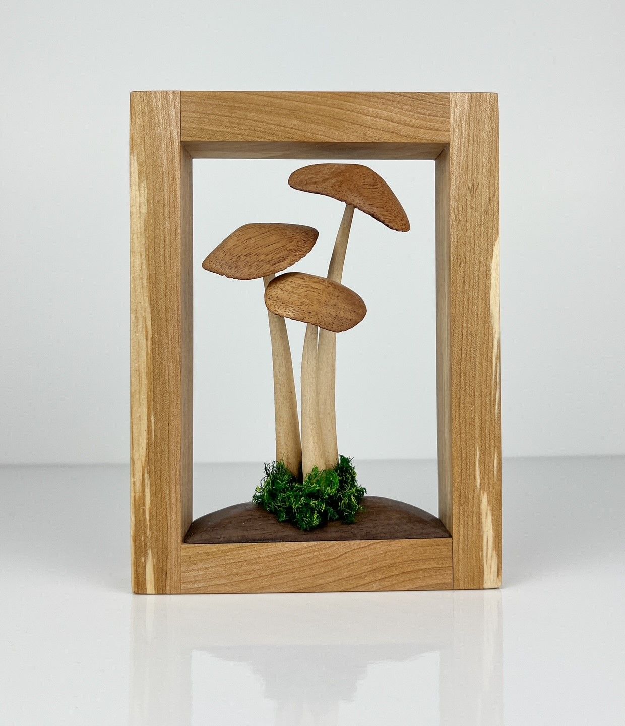 Triple Mushroom Wooden Sculpture Framed 5.5x7.25"