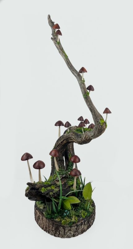 Mushroom Tree Sculpture Padauk Wood with Wood Moss 28x15x15"