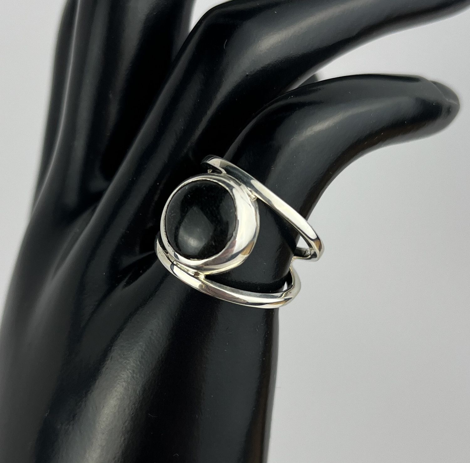 Black Jade Between 2 Bands Ring, 925 & 999 Sterling Silver