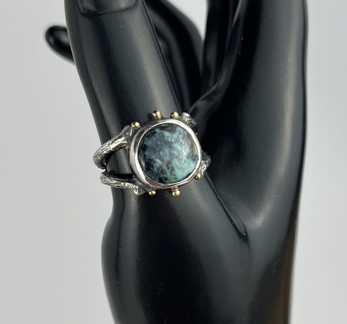 Variscite Between 2 Branches Ring, 14K Gold, 925 & 999 Sterling Silver