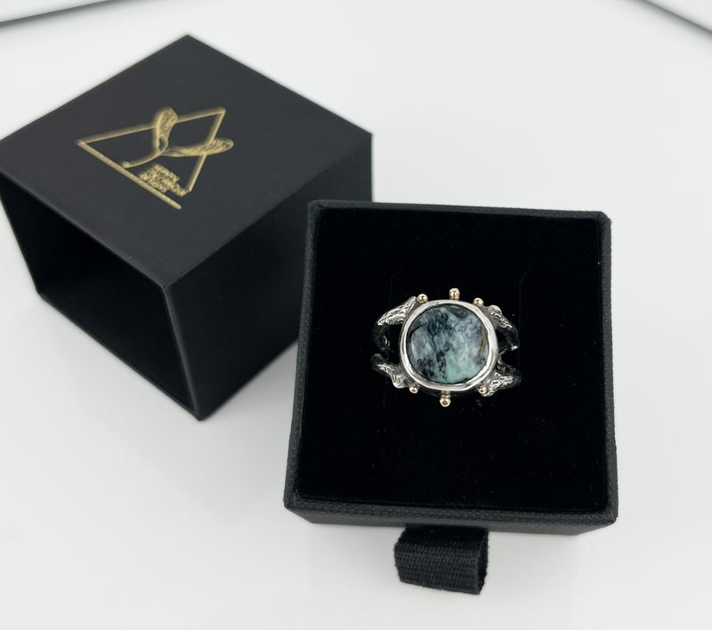 Variscite Between 2 Branches Ring, 14K Gold, 925 &amp; 999 Sterling Silver