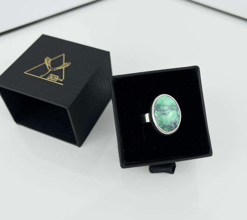 Oval Variscite on 5mm band Ring , 925 &amp; 999 Sterling Silver
