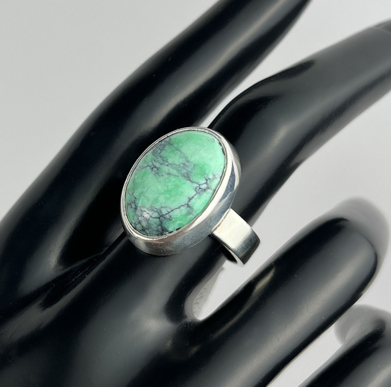 Oval Variscite on 5mm band Ring , 925 & 999 Sterling Silver