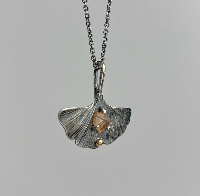 Medium Gingko Necklace, with Hessonite Garnet 925 & 999 Sterling Silver
