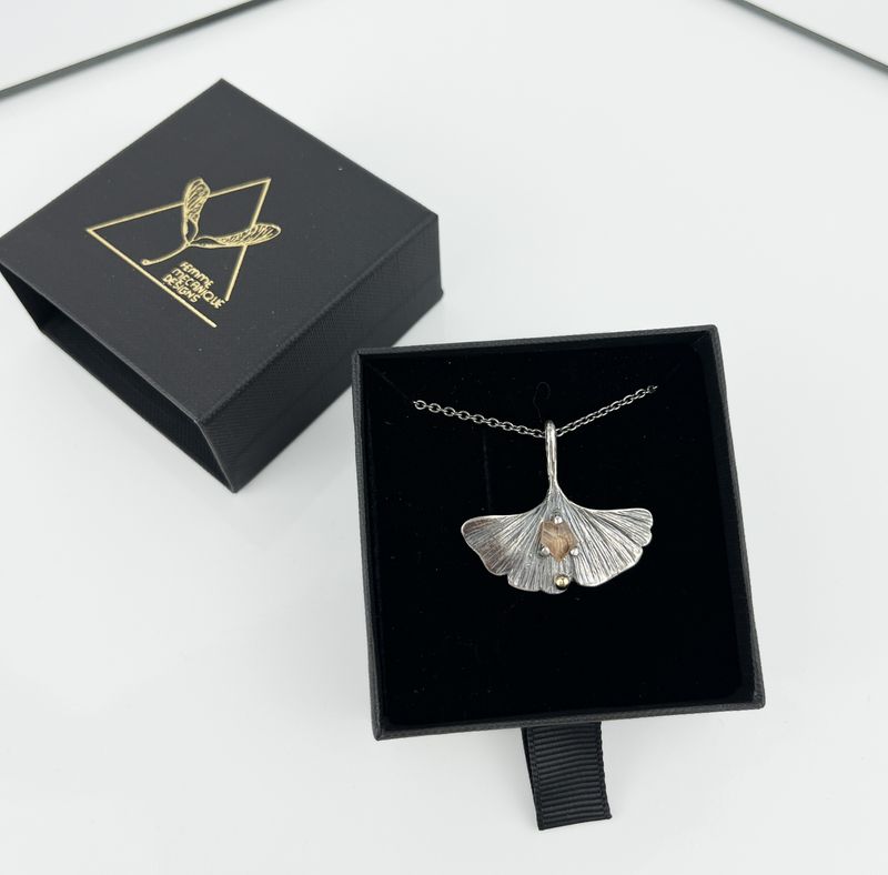 Medium Gingko Necklace, with Hessonite Garnet 925 &amp; 999 Sterling Silver