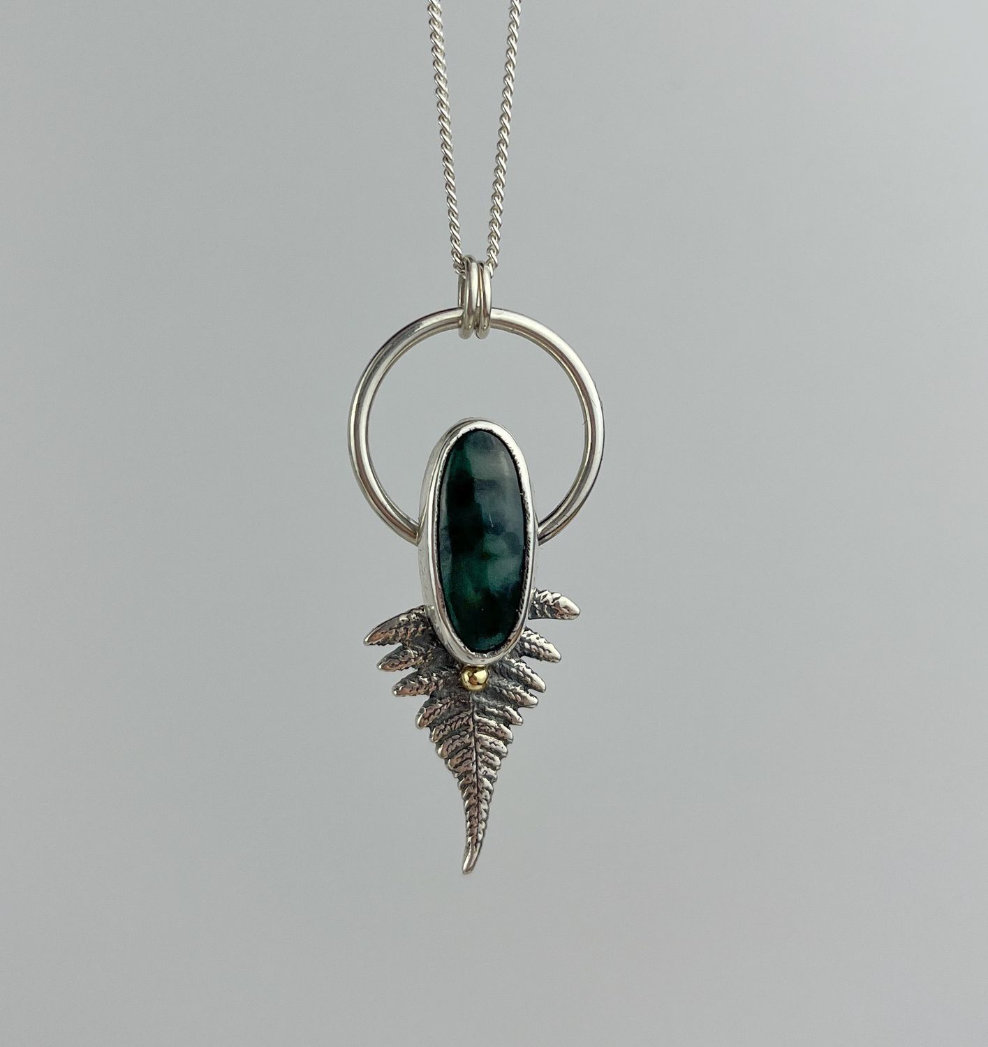 Air Necklace: Nephrite & Serpentine 10K Gold, 925 & 999 Sterling Silver