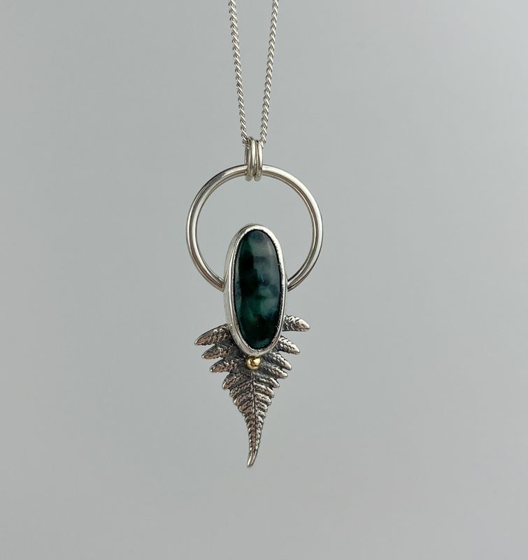 Air Necklace: Nephrite & Serpentine 10K Gold, 925 & 999 Sterling Silver
