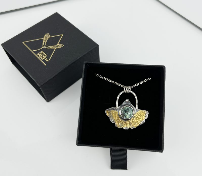 Variscite and Kem-boo Gingko Necklace, 925 &amp; 999 Sterling Silver &amp; 23.5K