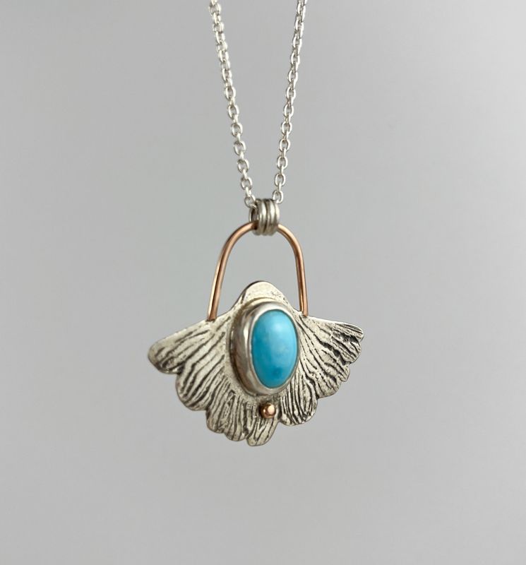 Unique Ginkgo Turquoise Necklace with Rose Gold 10K Gold, 925 Sterling Silver