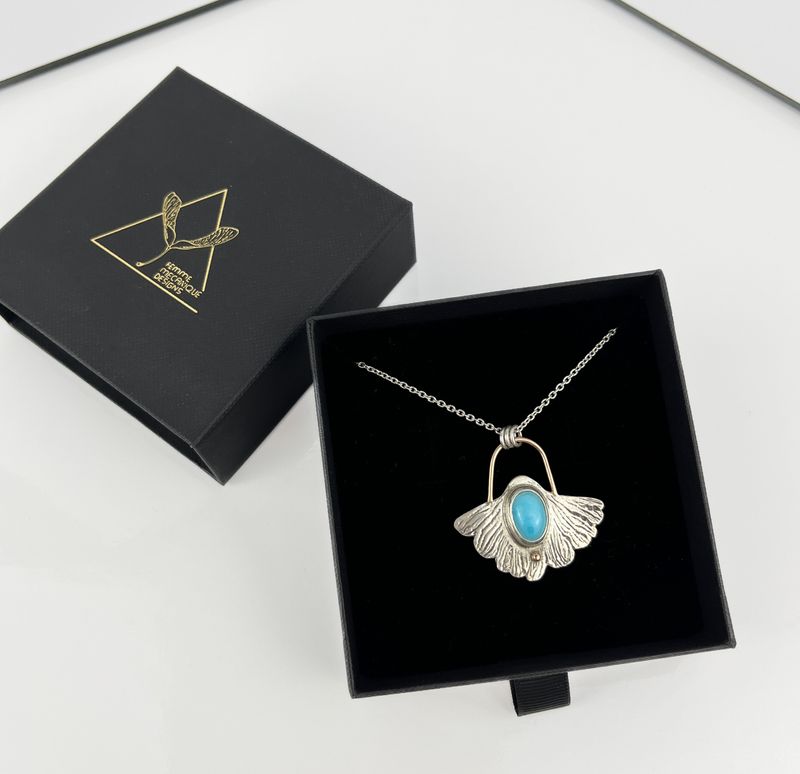 Unique Ginkgo Turquoise Necklace with Rose Gold 10K Gold, 925 Sterling Silver