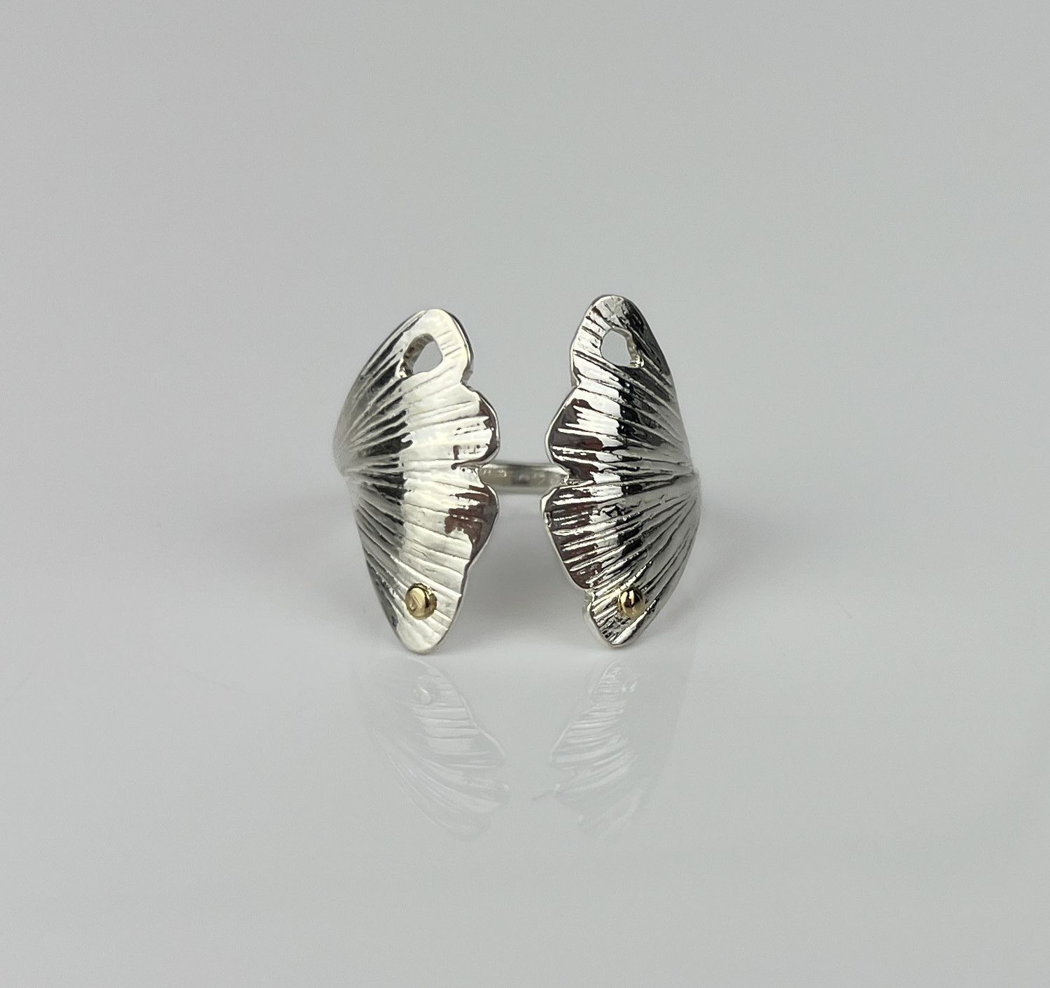 Ginkgo Moth Ring, 14K Gold & 925 Sterling Silver