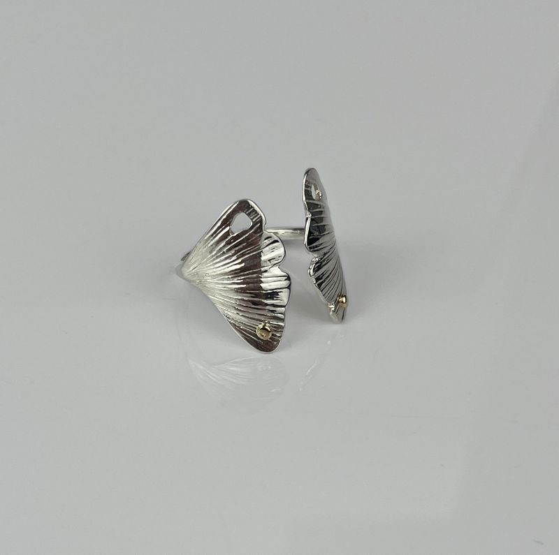 Ginkgo Moth Ring, 14K Gold &amp; 925 Sterling Silver