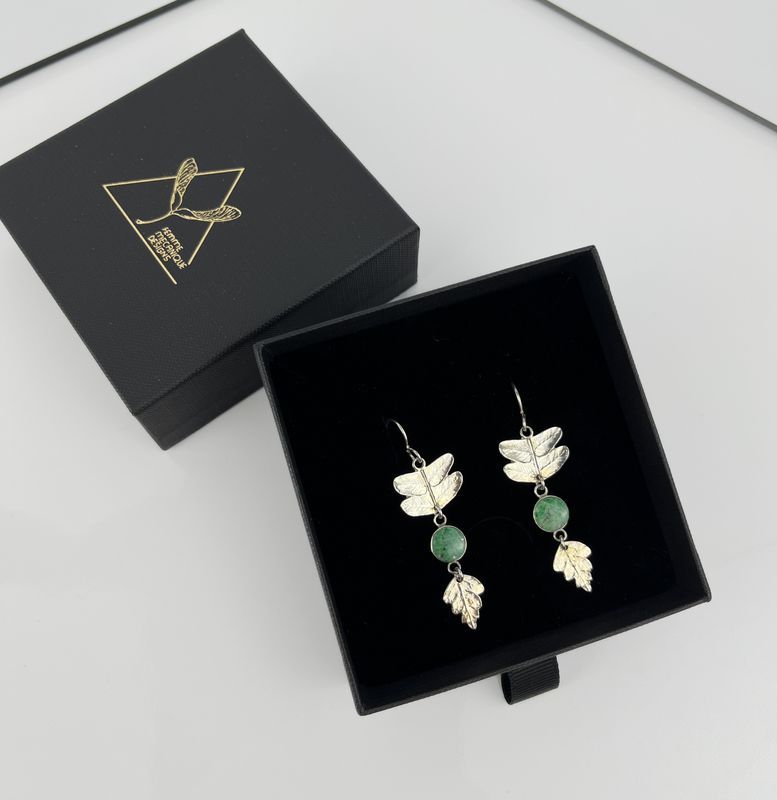 Segmented Fern Earrings with Jadeite 925 Sterling Silver