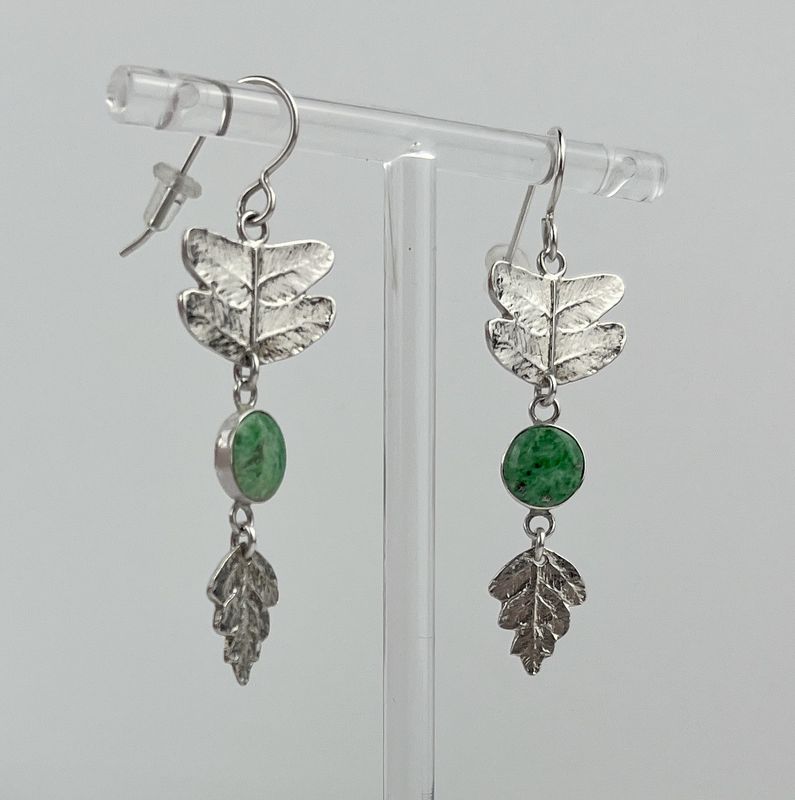 Segmented Fern Earrings with Jadeite 925 Sterling Silver