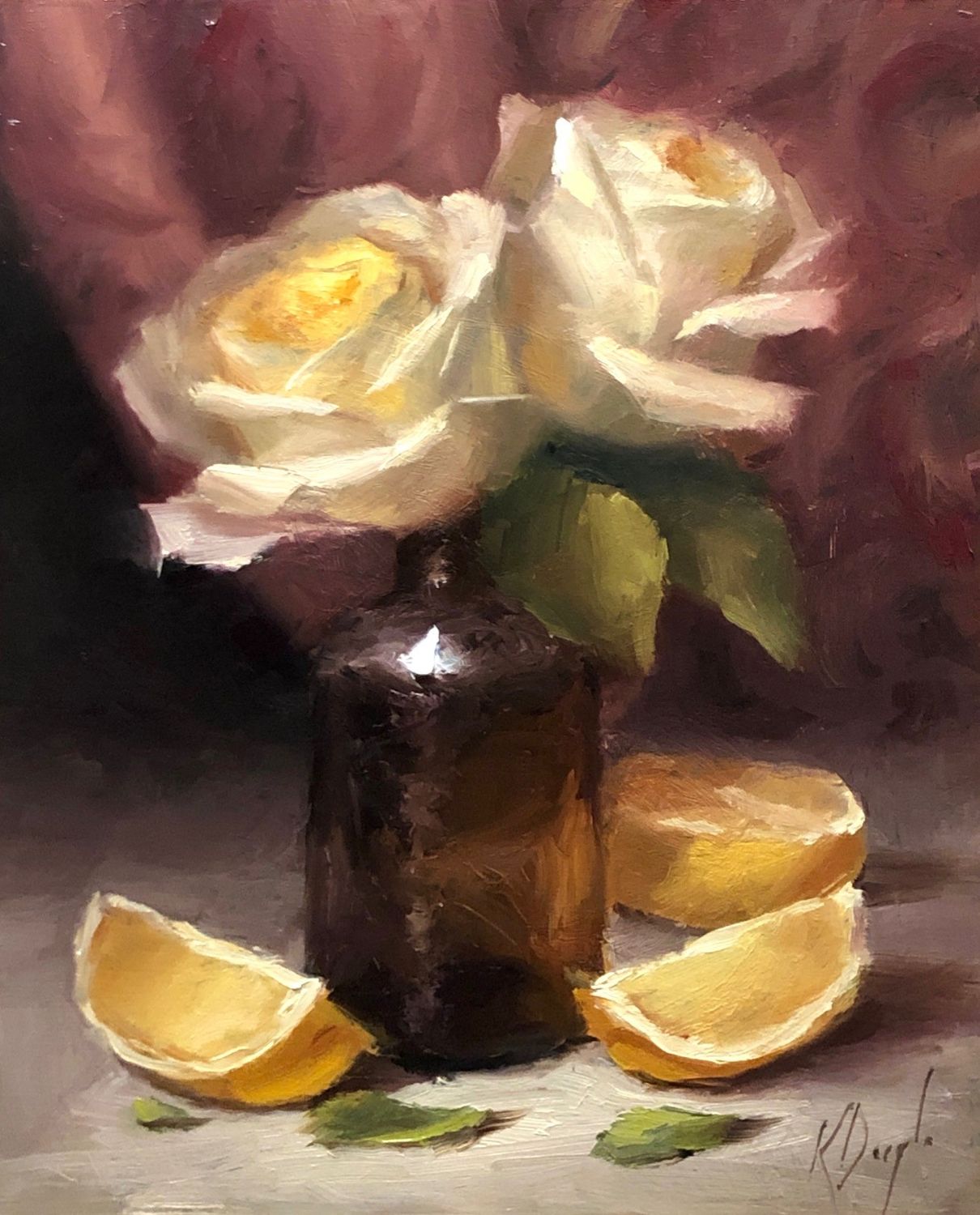 "Yellow Roses with Lemon" 8x10" Oil on Linen Framed 9x11