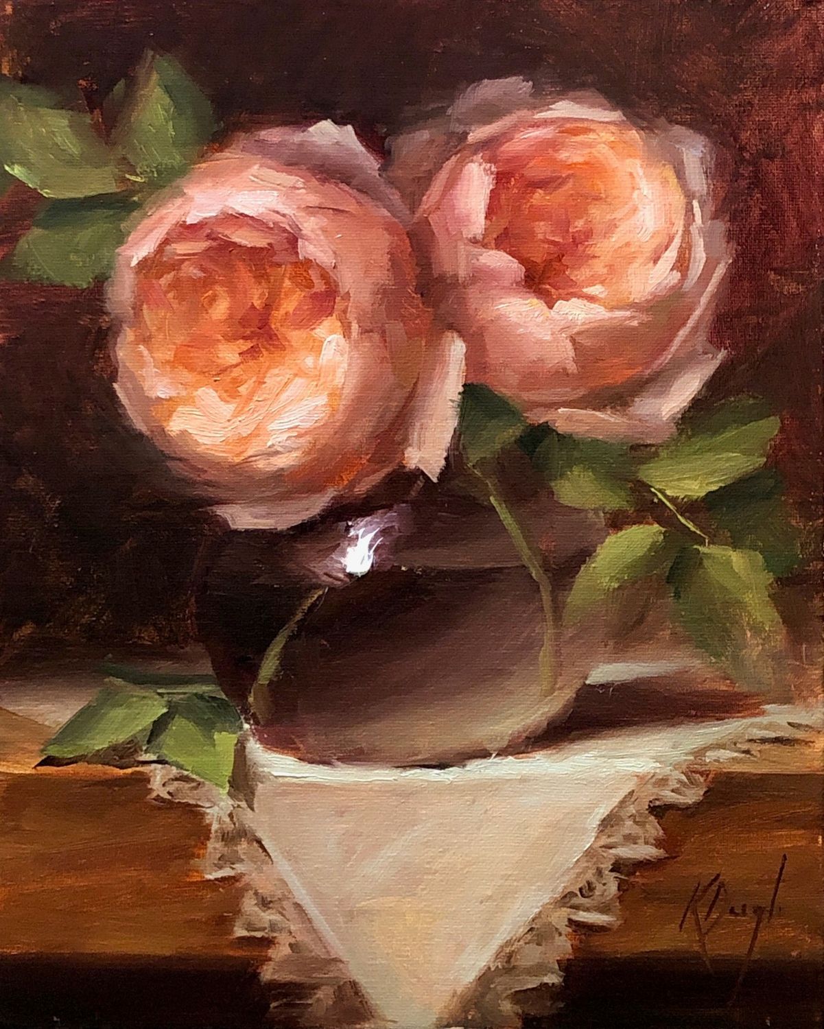 "David Austin Roses on Lace" 8x10" Oil on Linen Framed 9x11
