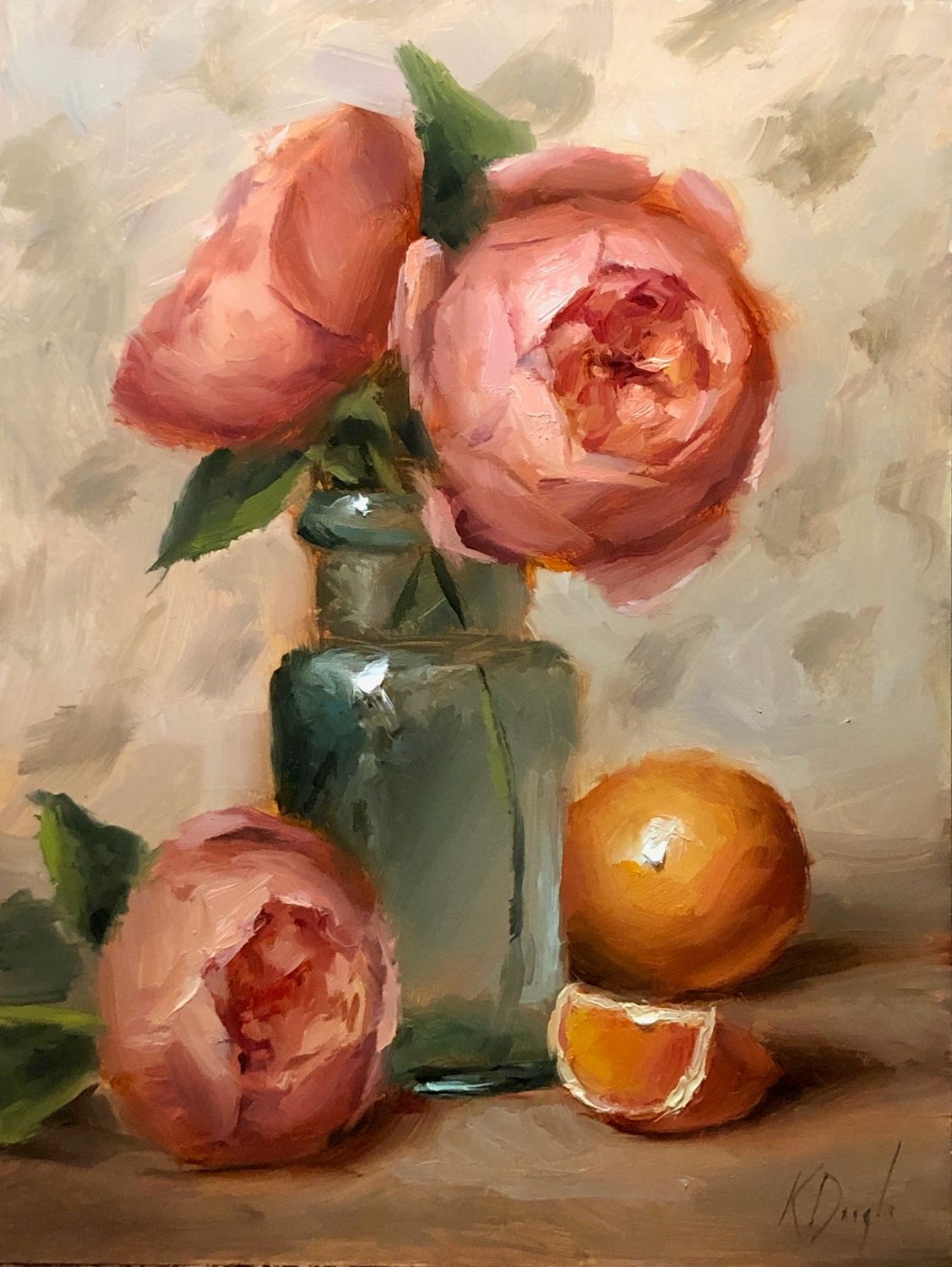"David Austin Roses on Clementine" 9x12" Oil on Linen Framed 10x13"
