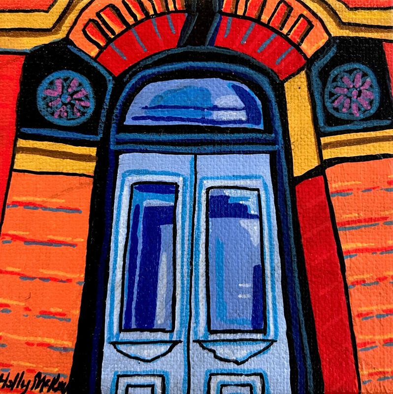 "Germain Street Blue Door" 4x4" Acrylic Painting on Canvas