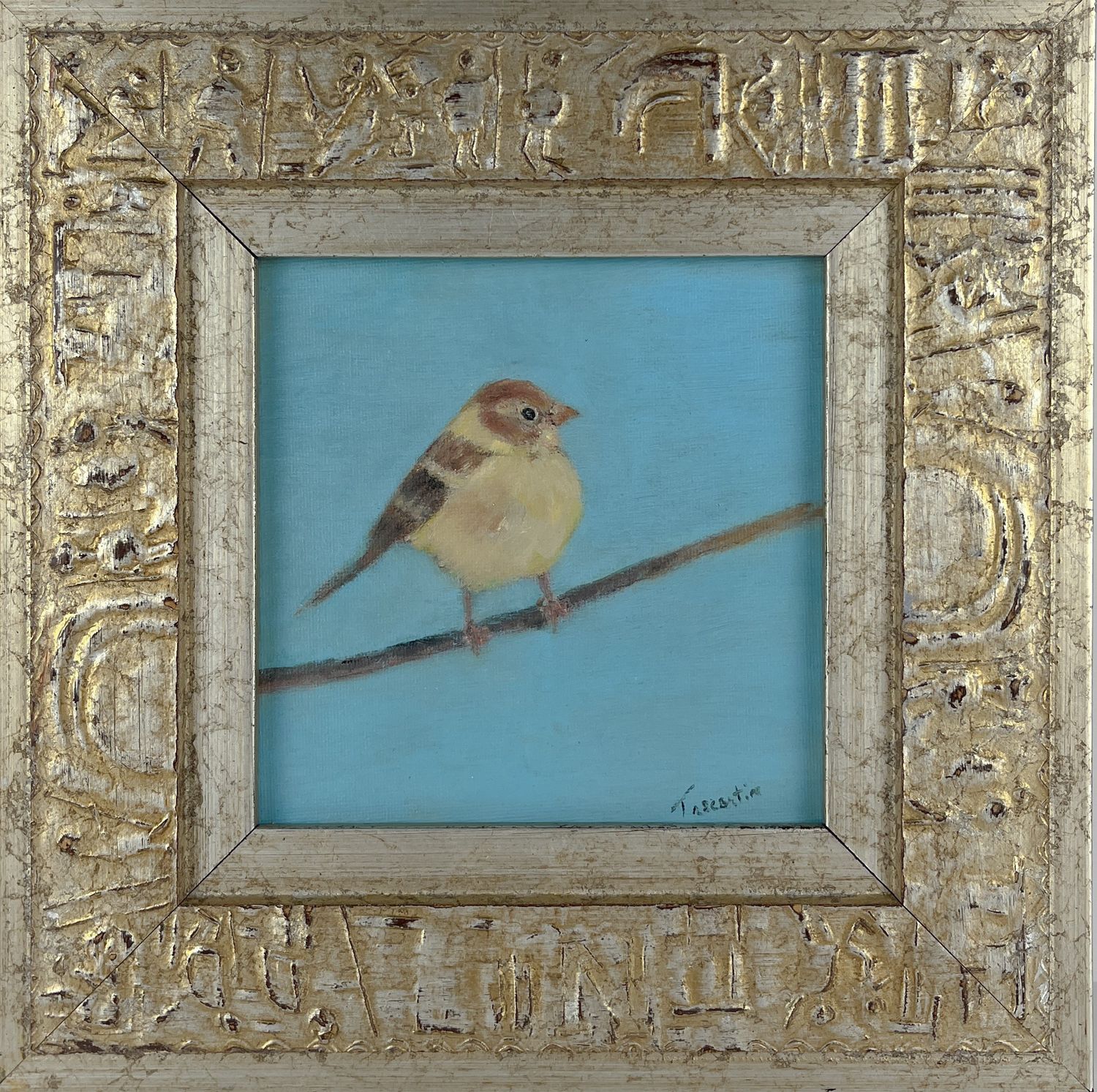 "Field Sparrow" 6x6" Oil on board Framed 10.5x10.5"