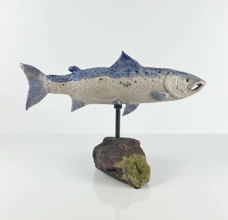 Blue/Turquoise kintsugi Fish Pottery Sculpture with Bae of Fundy Stone base by Canadian Artist Monique Bujold Brown 