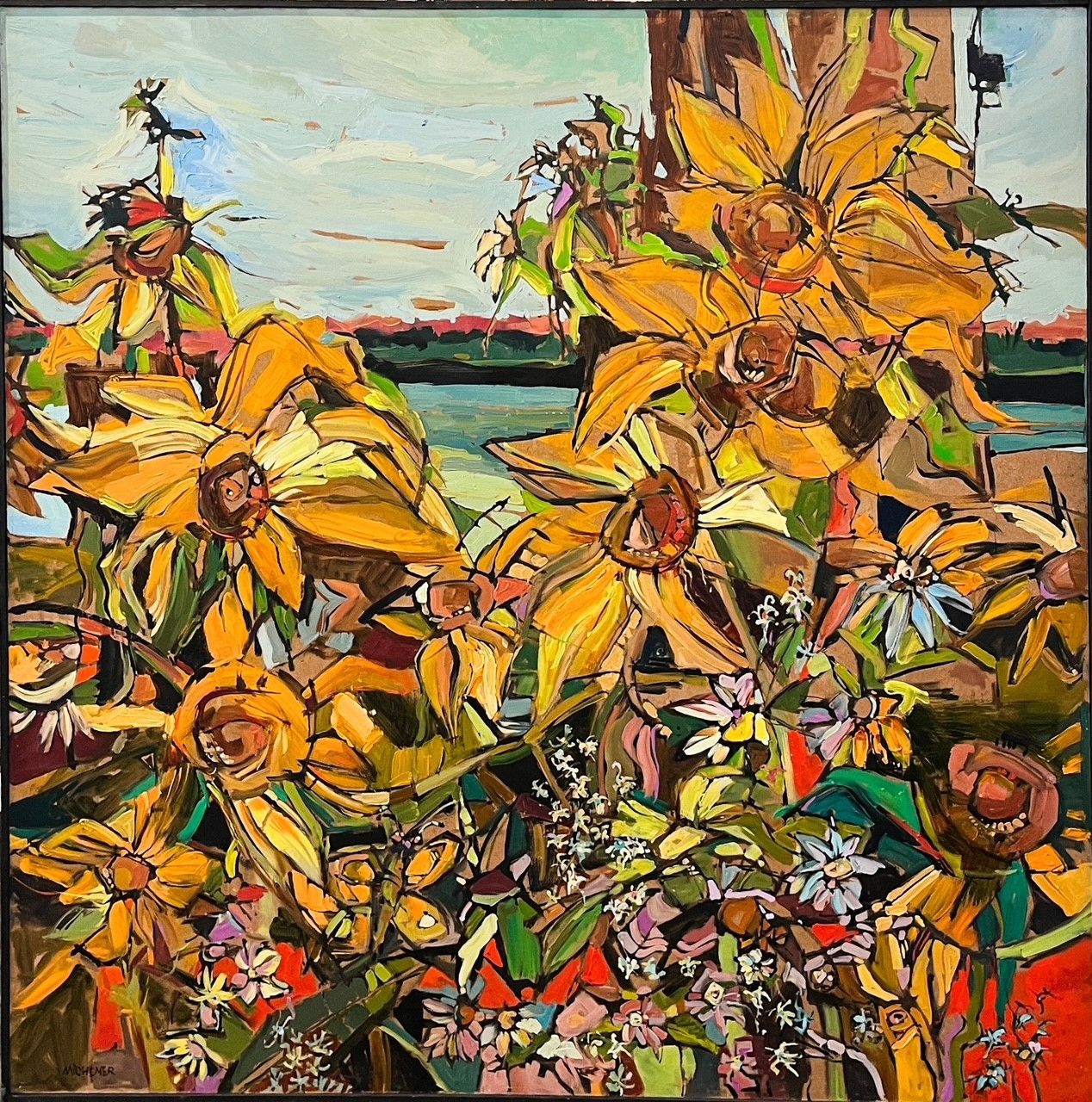 "Ocean Botanical" Oil Painting on Wood Canvas Framed 48.75 x 48.75"