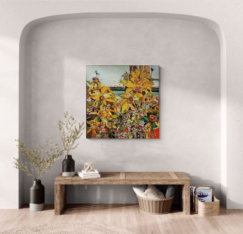 "Ocean Botanical" Oil Painting on Wood Canvas Framed 48.75 x 48.75"