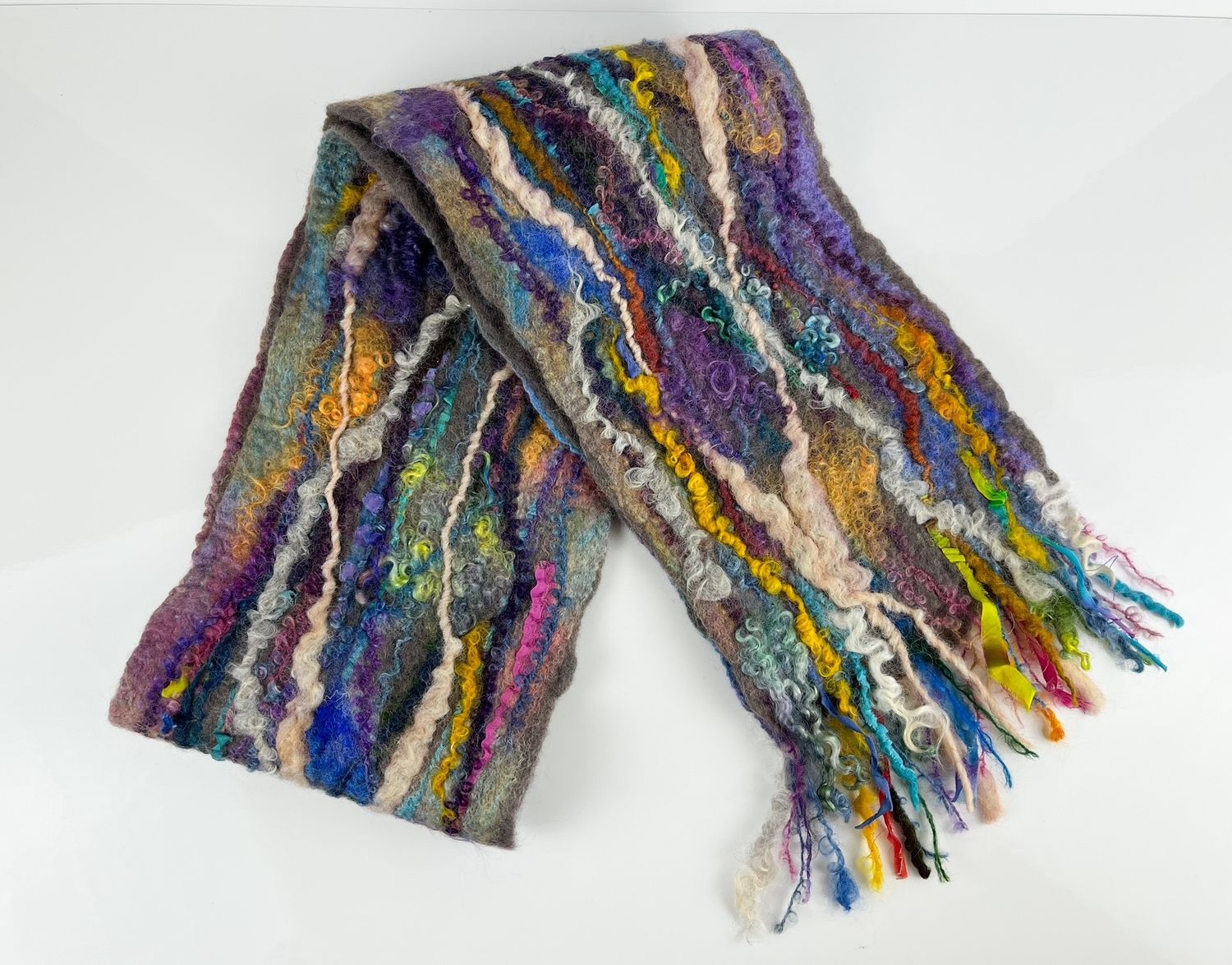 Wet-Felted 100% Wool, Silk, Alpaca Scarf 58x7.5"