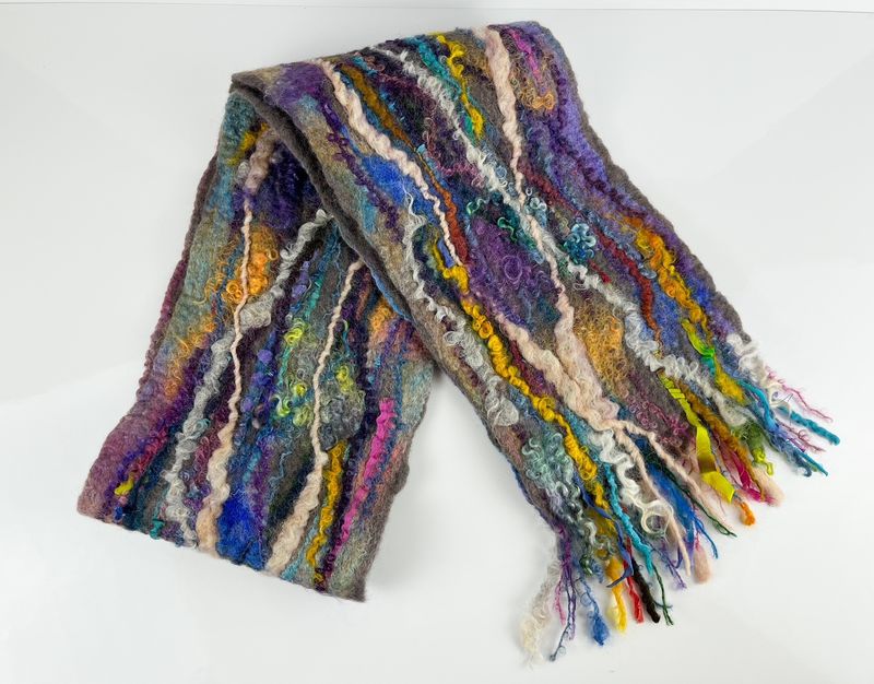 Wet-Felted 100% Wool, Silk, Alpaca Scarf 58x7.5"