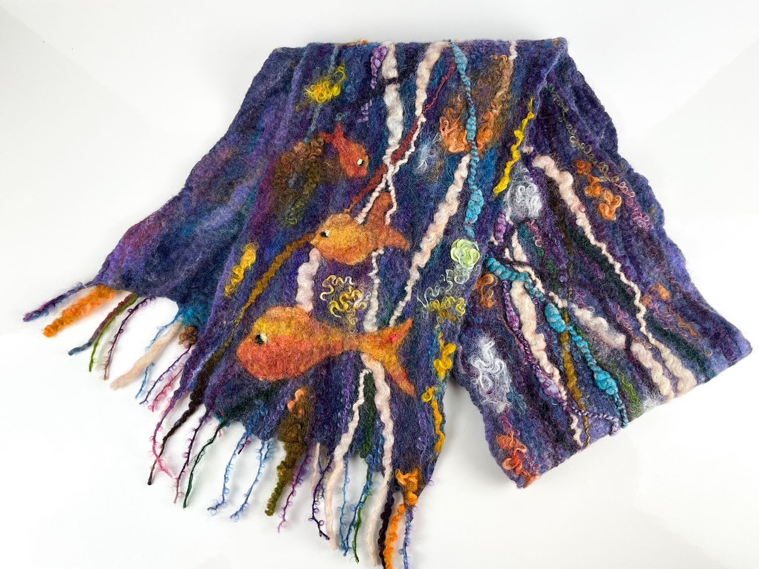 Wet-Felted 100% Wool, Silk, Alpaca, Sari silk Scarf 58x7.5"