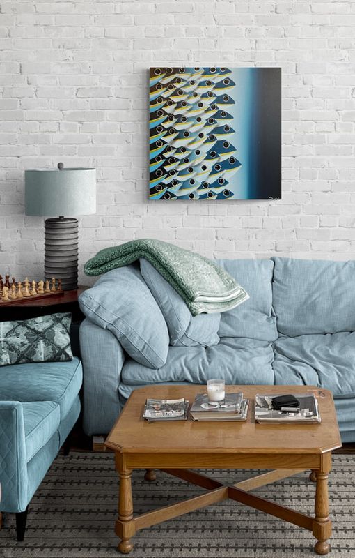 Cody Pendleton Artist Painter Handworks Gallery Saint John New Brunswick NB Acrylic Painting Fish School Blue Yellow Abstract