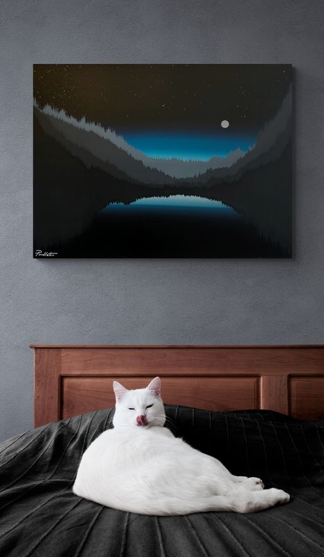 Cody Pendleton Artist Painter Handworks Gallery Saint John New Brunswick NB Acrylic Painting Night Trees Lake Mountain Moon