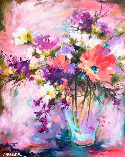 Louise Baker Artist Painter Handworks Gallery Saint John New Brunswick NB Acrylic Painting Flowers Floral Vase Pink Purple 