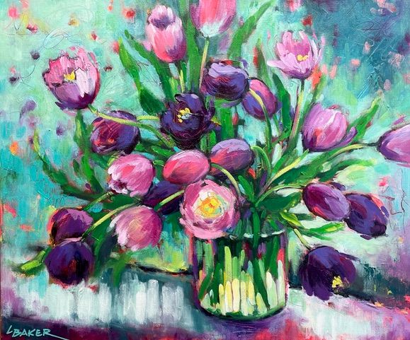 Louise Baker Artist Painter Handworks Gallery Saint John New Brunswick NB Acrylic Painting Tulips Purple Pink Vase Flowers