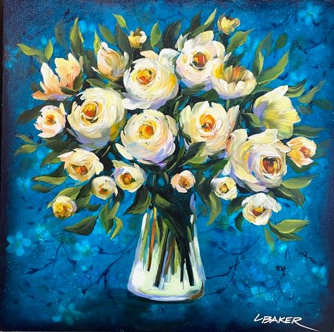 Louise Baker Artist Painter Handworks Gallery Saint John New Brunswick NB Acrylic Painting Yellow Roses Vase Bouquet Flowers 