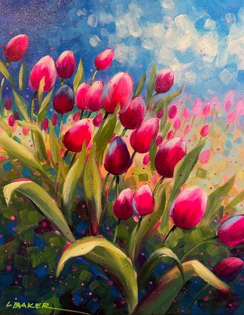 Louise Baker Artist Painter Handworks Gallery Saint John New Brunswick NB Acrylic Painting Tulips Flowers Floral Pink Garden