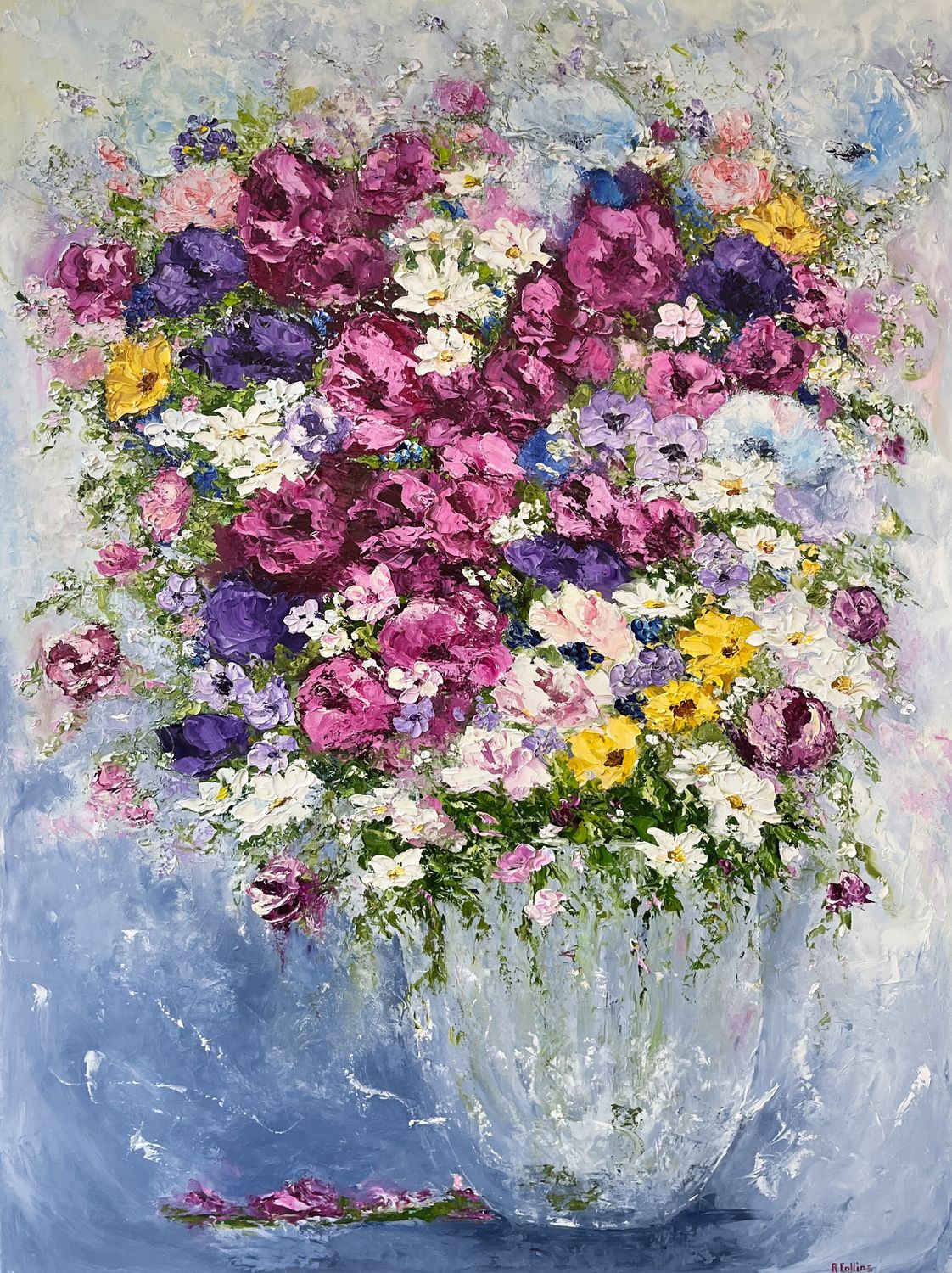 Rene Collins Artist Painter Handworks Gallery Saint John NB Oil Knife Painting Flowers Floral Bouquet Purple White Yellow